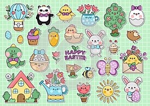 Vector Easter stickers with cute kawaii characters. Traditional spring holiday clipart for kids. Funny badges collection with