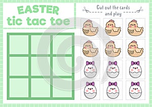 Vector Easter tic tac toe chart with hen and egg. Kawaii board game playing field with cute characters. Funny spring holiday