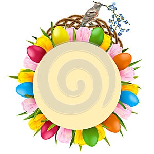 Vector Easter Tulips Round Frame with Birdie photo