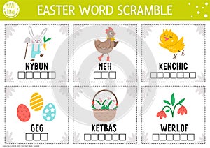 Vector Easter word scramble activity page. English language game with bunny, hen, chicken, Easter eggs, basket for kids. Spring