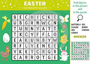 Vector Easter wordsearch puzzle for kids. Simple spring crossword with traditional holiday symbols for children. Educational