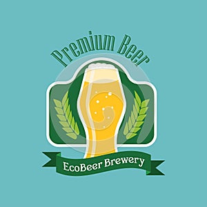 Vector eco beer logo. Flat style emblem on the green background.