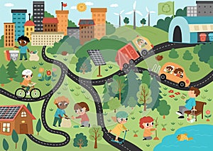 Vector eco city scene. Ecological town landscape with alternative transport, energy concept. Green city illustration with waste