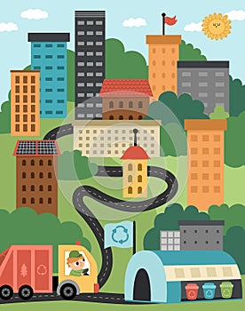 Vector eco city scene. Ecological town landscape with zero waste concept. Green city illustration with buildings, rubbish truck,