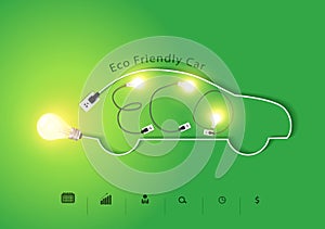 Vector eco friendly car with creative light bulb ideas