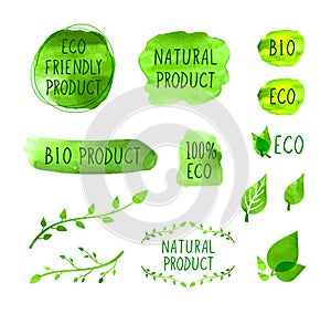 Vector Eco Icons, Watercolor Design Elements, Green Logo Set isolated on White Background, Natural Bio Product.