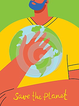 Vector eco illustration card for social poster, banner or card of saving the planet, human hands protect our earth.