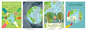 Vector eco illustration cards for social poster, banner or card of saving the planet, human hands protect our earth.