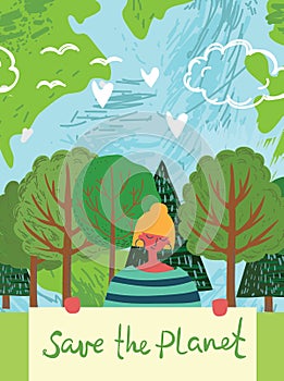 Vector eco illustration cards for social poster, banner or card of saving the planet, human hands protect our earth.