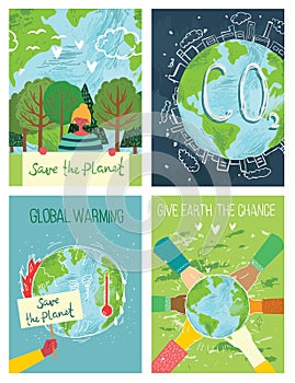 Vector eco illustration cards for social poster, banner or card of saving the planet, human hands protect our earth.