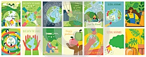 Vector eco illustration cards for social poster, banner or card of saving the planet, human hands protect our earth.