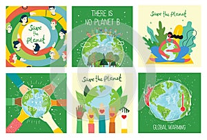 Vector eco illustration cards for social poster, banner or card of saving the planet, human hands protect our earth.