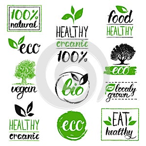 Vector eco, organic, bio logos. Handwritten healthy eat logotypes set. Vegan, natural food and drinks signs.