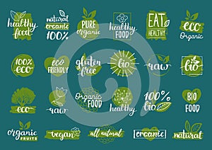 Vector eco, organic, bio logos or signs. Vegan,healthy food badges,tags set for cafe,restaurants,products packaging etc.