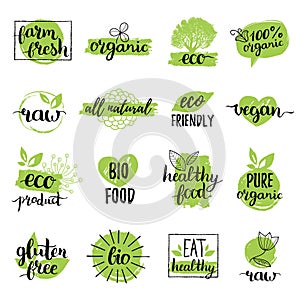 Vector eco, organic, bio logos or signs. Vegan,healthy food badges,tags set for cafe,restaurants,products packaging etc.