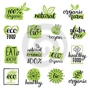 Vector eco, organic, bio logos or signs. Vegan,healthy food badges,tags set for cafe,restaurants,products packaging etc. photo