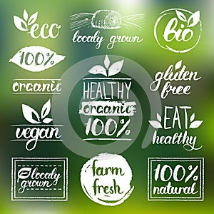 Vector eco, organic,bio logos. Vegan, natural food and drink signs. Farm market,store icons collection. Raw meal labels.