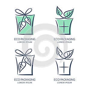 Vector eco packaging logo, icon or emblem design template. Sketch box illustration with bow from green leaves.