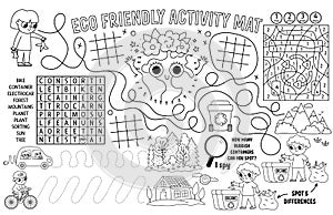 Vector ecological placemat for kids. Eco awareness printable activity mat with maze, tic tac toe charts, connect the dots, find