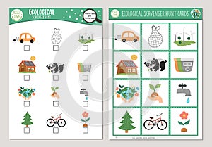 Vector ecological scavenger hunt cards set. Seek and find game with cute eco awareness symbols for kids. Earth day searching