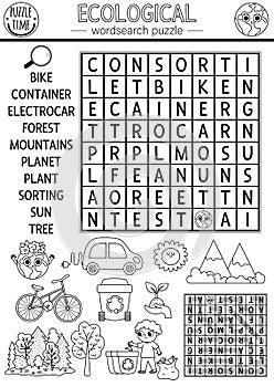 Vector ecological wordsearch puzzle for kids. Black and white Earth day word search coloring page with forest, waste sorting,