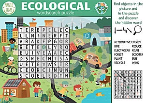 Vector ecological wordsearch puzzle for kids. Earth day word search quiz with eco city landscape. Eco awareness educational