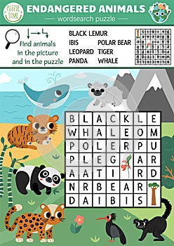 Vector ecological wordsearch puzzle for kids with endangered species. Earth day word search quiz with extinct animals in the wild