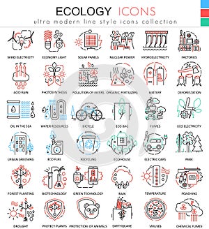 Vector Ecology color line outline icons for apps and web design. Ecology technology elements icons.