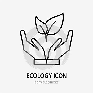 Vector ecology Icon. Plant in hands. Vector thin sign of environment protection, ecology concept logo. Agriculture