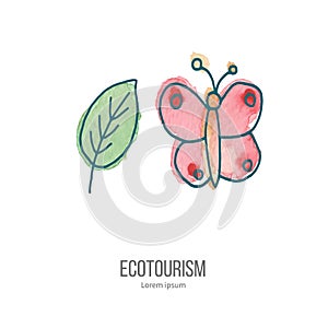 Vector ecotourism doodle on watercolor texture