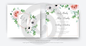 Vector, editable, elegant wedding invite, floral invitation, save the date card template design. Watercolor pink garden rose