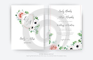 Vector, editable elegant wedding invite, floral invitation, save the date card template design. Watercolor pink garden roses,