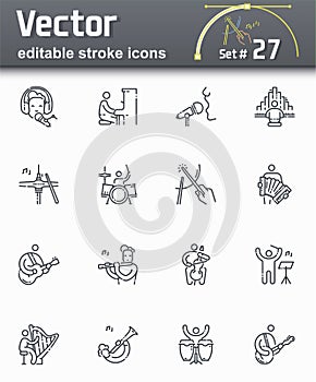 Vector editable stroke line icon set of musicians playing