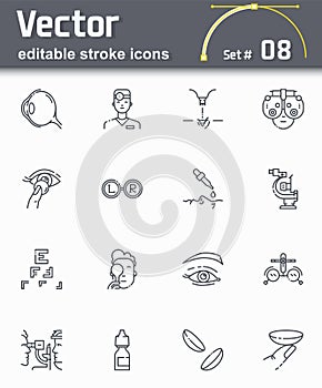 Vector editable stroke Ophtalmology and eye care symbols