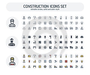 Vector Editable stroke, solid, color style icons set with construction, industrial, architectural, engineering outline