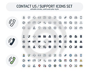 Vector Editable stroke, solid, color style icons set with contact us, technical support service outline symbols.