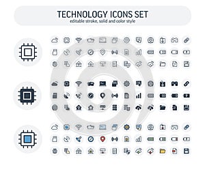 Vector Editable stroke, solid, color style icons set with digital technology, computing outline symbols