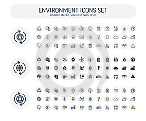 Vector Editable stroke, solid, color style icons set with environmental and ecology outline symbols