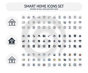 Vector Editable stroke, solid, color style icons set with home, smart house outline symbols
