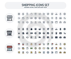 Vector Editable stroke, solid, color style icons set with shopping and e-commerce outline symbols.