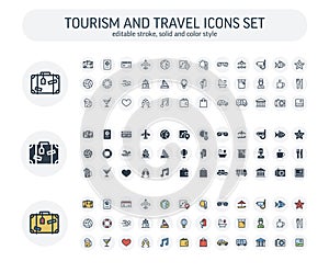 Vector Editable stroke, solid, color style icons set with travel, tourism outline symbols. Summer vacation, hotel room