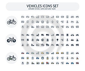 Vector Editable stroke, solid, color style icons set with vehicle, public transport and cars outline symbols.