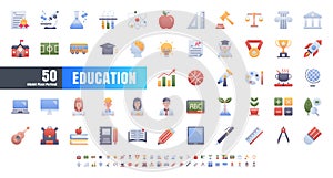 Vector of 50 Education and School Subject. Flat Gradient Color Icon Set. 64x64 and 256x256 Pixel photo