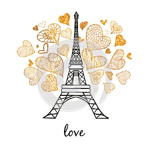Vector Eifel Tower Paris Bursting With St Valentines Day Golden Hearts Of Love. Perfect for travel themed postcards