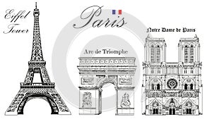 Vector Eiffel Tower, Triumphal Arch and Notre Dame Cathedral