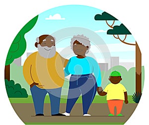 Vector elderly African American couple, family; dark-skinned grandfather with a little grandson are walking in the park. Happy