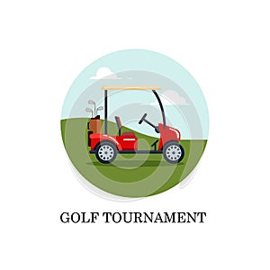 Vector electric golf car with golf club bag on a field with green grass. Transport, vehile flat style illustration