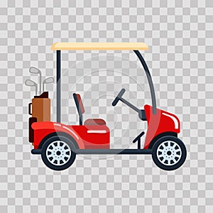 Vector electric golf car with golf club bag. Transport, vehile on transparent background.