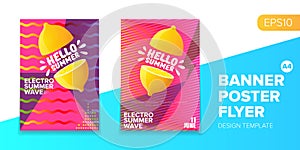 Vector electronic music summer party poster background Pink club party flyer or creative banner with abstract waves and