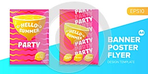 Vector electronic music summer party poster background Pink club party flyer or creative banner with abstract waves and